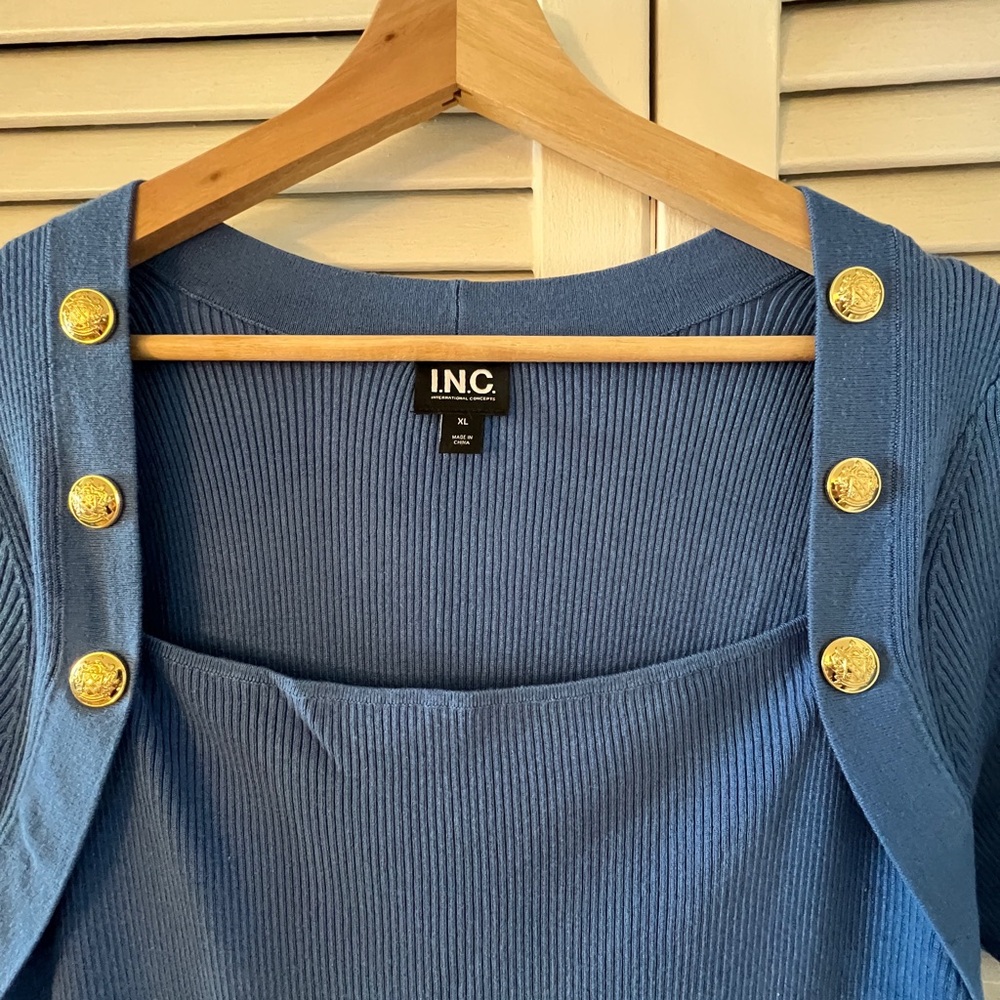 INC International Concepts Blue Ribbed Square-Neck Top with Gold Buttons